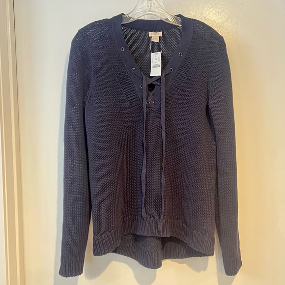 NWT. J. Crew Factory Lace-up Cotton Linen Sweater. Navy Blue. Size Small. - Picture 6 of 11